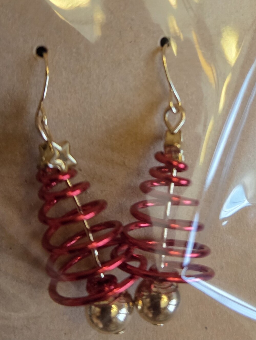 Red Spiral Tree Drop Earrings with Gold Accents